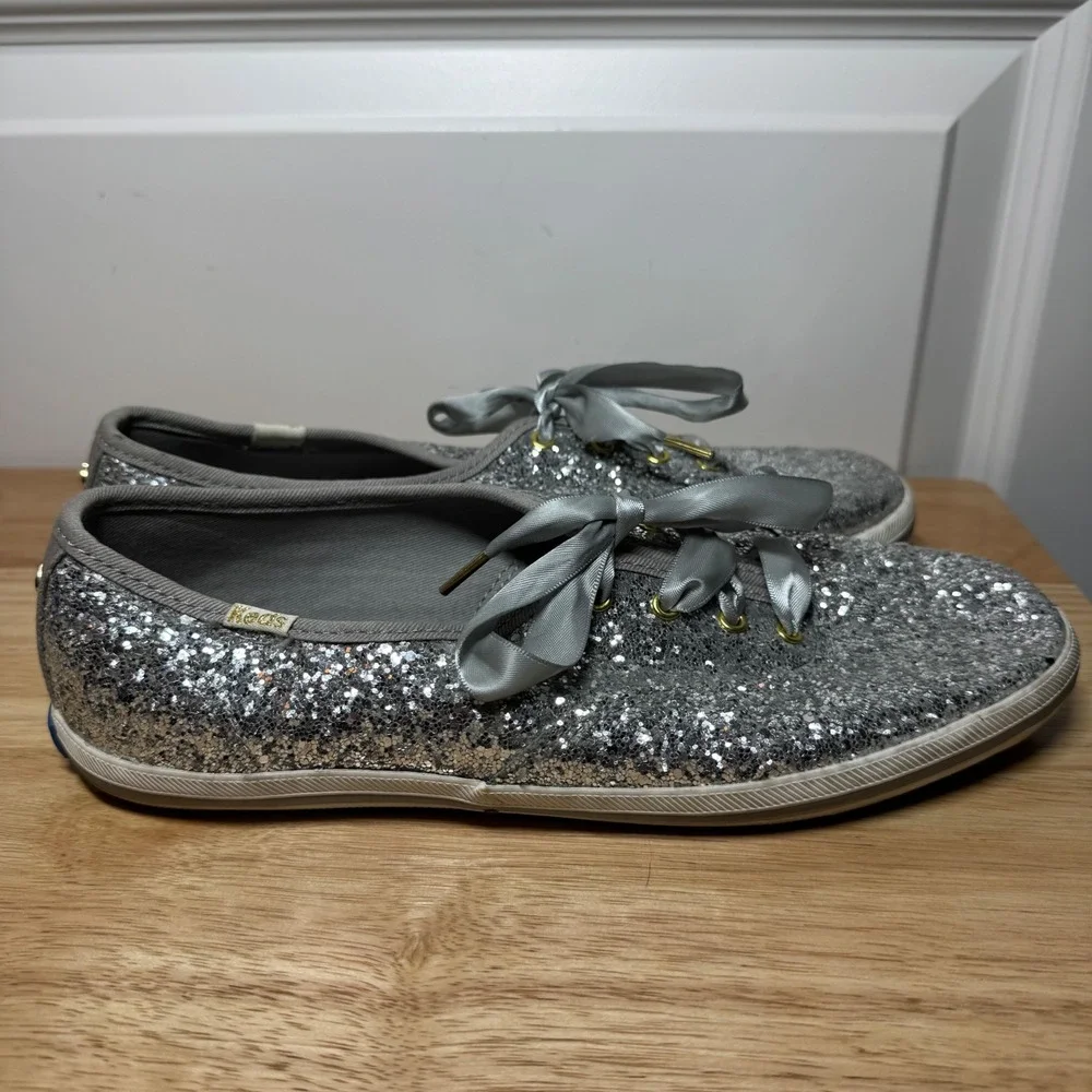 Kate Spade x Keds Champion Silver Glitter Ribbon Sneakers WF52390 Womens 8.5